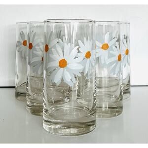 Set of 6 Vintage Daisy Glasses Tumblers White & Yellow Daisies Signed Karen 5.5"